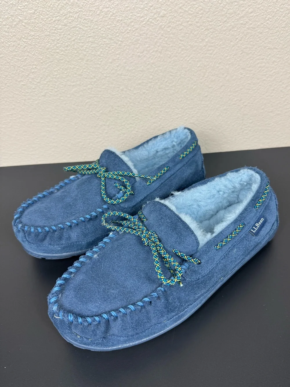 L.L.Bean Sherpa Moccasin Slippers‎ Shoes with Rubber Soles Navy EUC